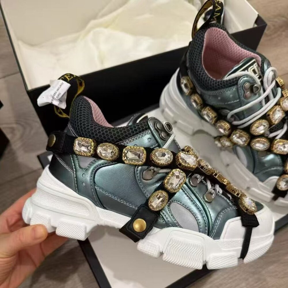 NIB Authentic Gucci Tricolor Leather&Mesh Flashtrek Reflective Lace Up Sneakers